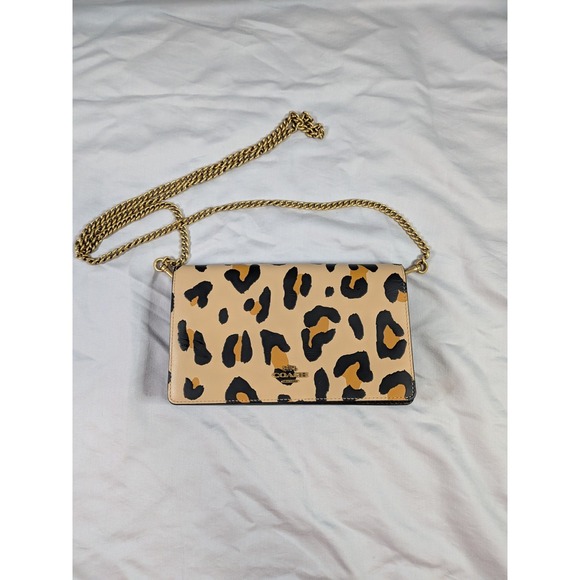 Coach Handbags - Coach Callie Foldover Chain Clutch Leopard Print Wallet Crossbody Brass Leather